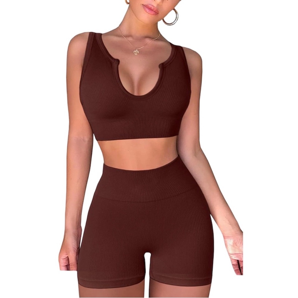 High Waisted Biker Shorts and Cropped Bra Top Workout Set Coffee Brown Small